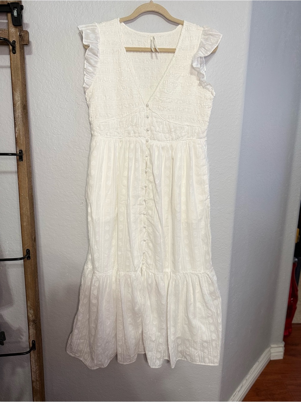 Anthropologie Ivory Eyelet Button-Front Maxi Dress